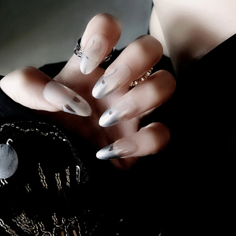 

24 PCS Extra Long Flame Style Fake Nails Dark Shiny Long Press On False Nails Stone Pattern Pointed Fake Nails For Finger
