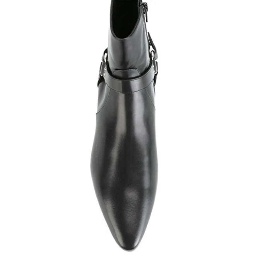 Высококачественная обувь ручной работы с острым носком; цвет черный; натуральная кожа; тонкий дизайн; Танкетка; ремешок на щиколотке; мужские свадебные Подиумные модные ботинки