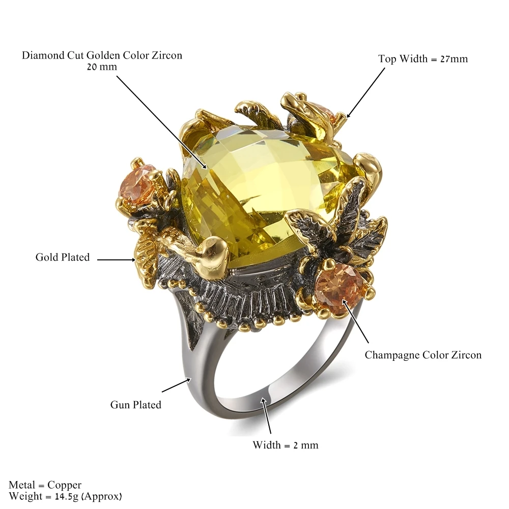Большой Золотой треугольный Каменный кольцо Шампанский кубик циркония ювелирные изделия женские модные ювелирные изделия из меди горячие кольца для вечерние