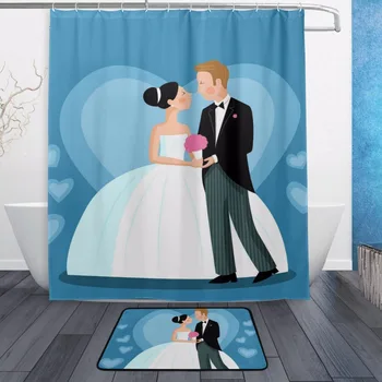 

Blue Decorative Waterproof Polyester Shower Curtain 152cmx183cm With Hooks Non Slip Doormat Bathroom Floor Mat Bride and Groom