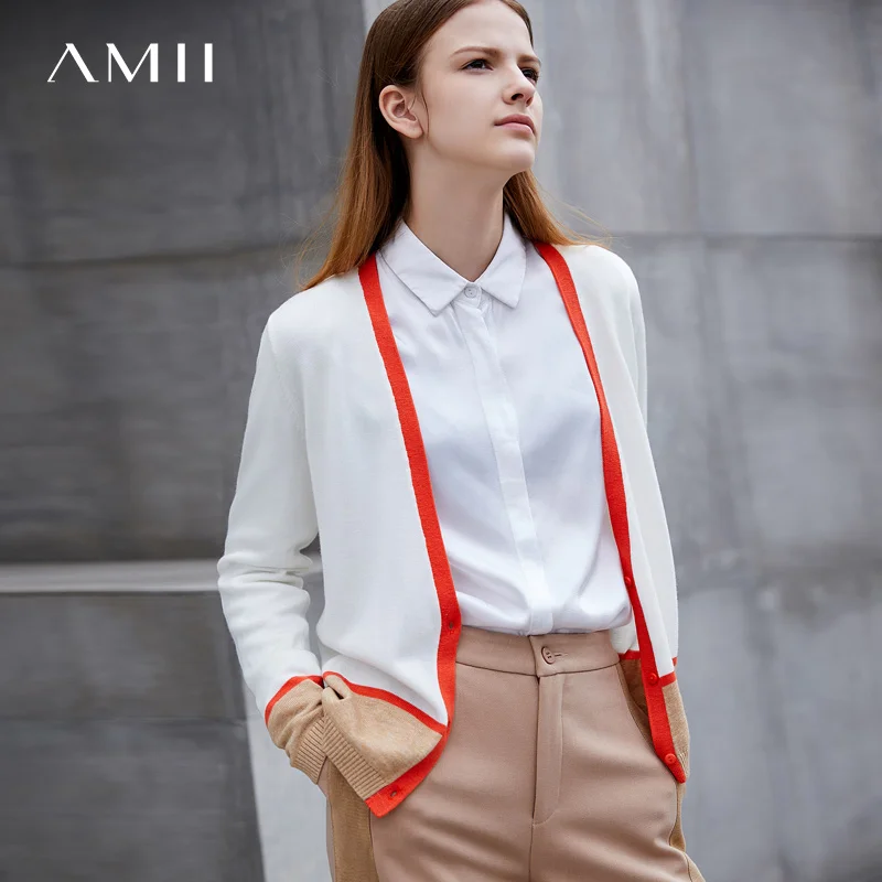 

Amii Minimalist Women Cardigan 2019 Office Lady Plus Size V Neck Geometric Splice Female Knit Cardigan Sweaters