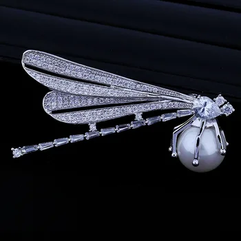 

Fashion Vintage Pave CZ Insect Dragonfly Brooch Pin Shell Pearl Green Eyes Women Jewelry