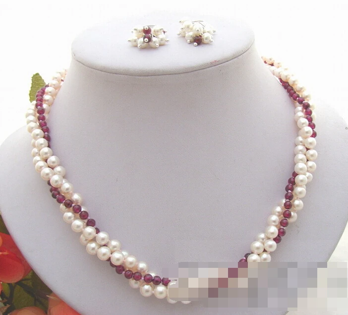 

free shipping 12616 White Pearl&Natural Garnet Necklace&Earring Set (A0423)