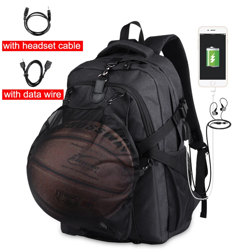 

Outdoor Bag Football Basketball Backpack Hiking Sport Gym Bags Polyester lining with USB Charging Jack Headset wire
