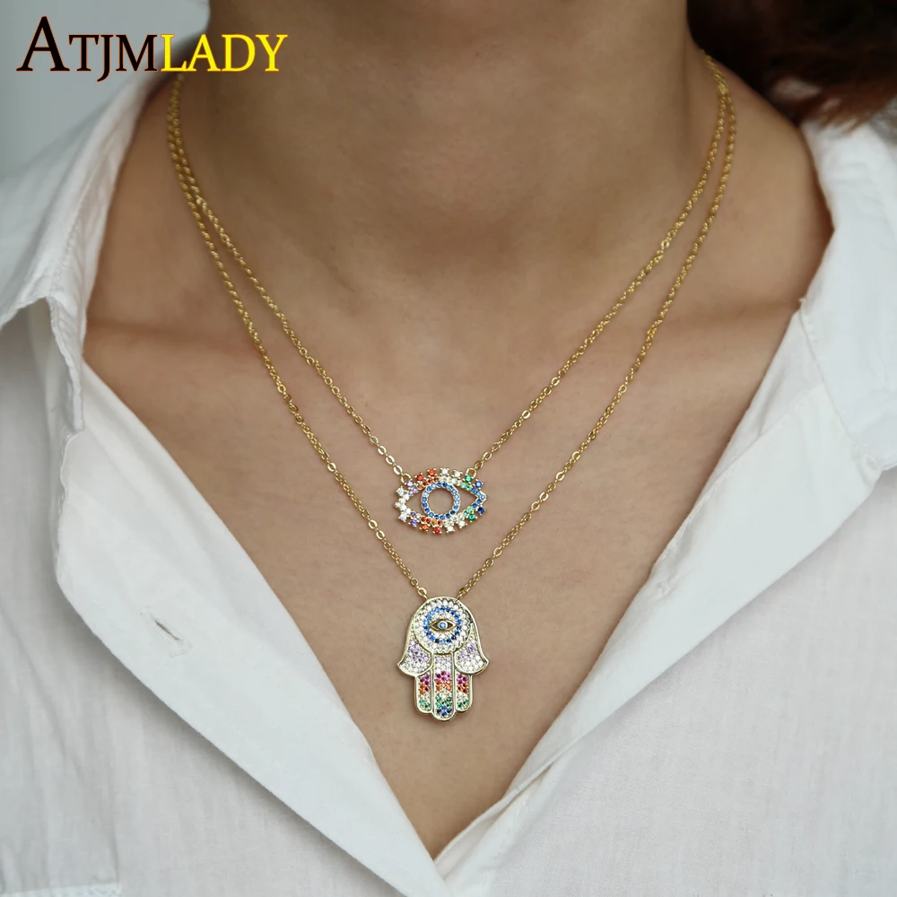 

2019 new arrived rainbow colorful cz hamsa hand evil eye necklaces for women multi layer lucky Turkish Bohemia jewelry