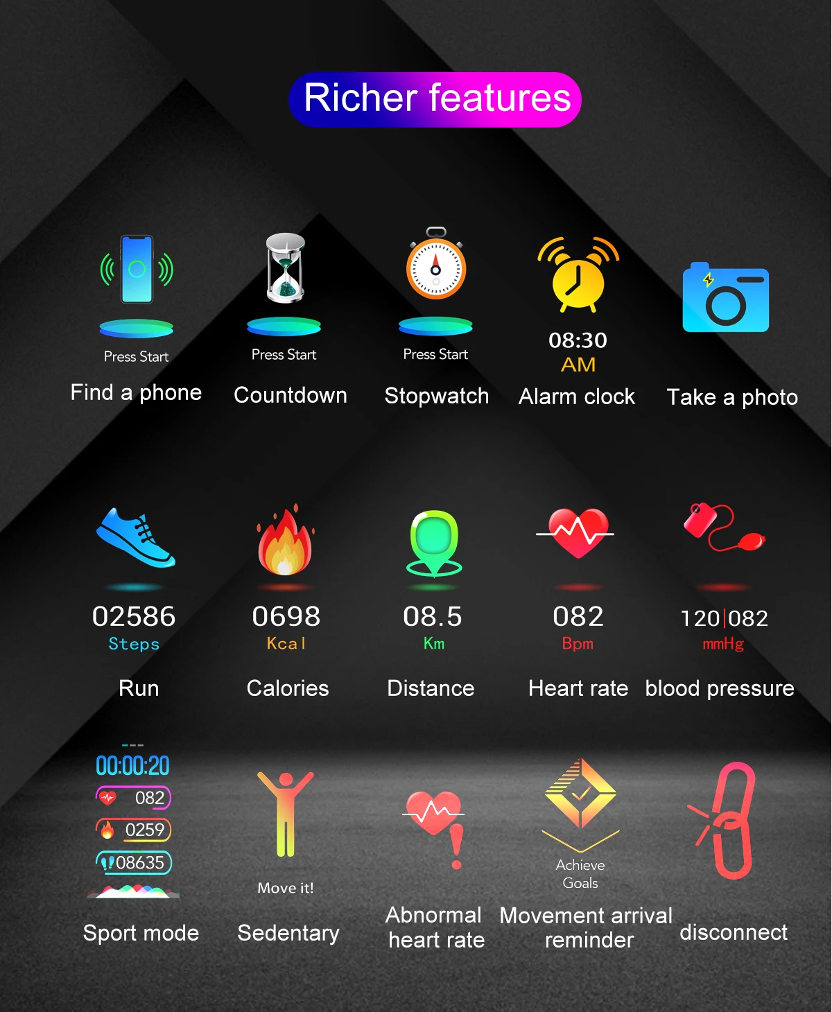 AK12 Смарт часы водонепроницаемый монитор сердечного ритма секундомер Будильник фитнес трекер наручные часы-браслет для Android IOS
