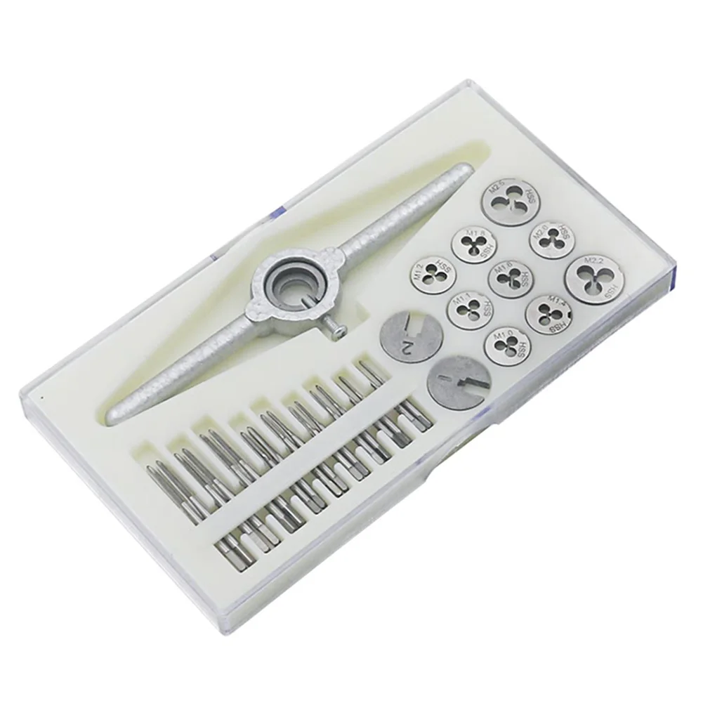 

31Pcs HSS Die Set M1.0-M2.5 Screw Thread Metric Taps Wrench Dies DIY Kit Wrench Screw Threading Hand Tool with Storage Box