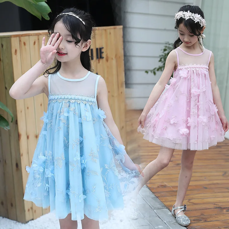 

2019 Summer Kids Girls Dress 4 6 8 10 to 14 Years Appliques Flower New Light Blue Lace Party Dresses Girls Casual Costume 50C4A