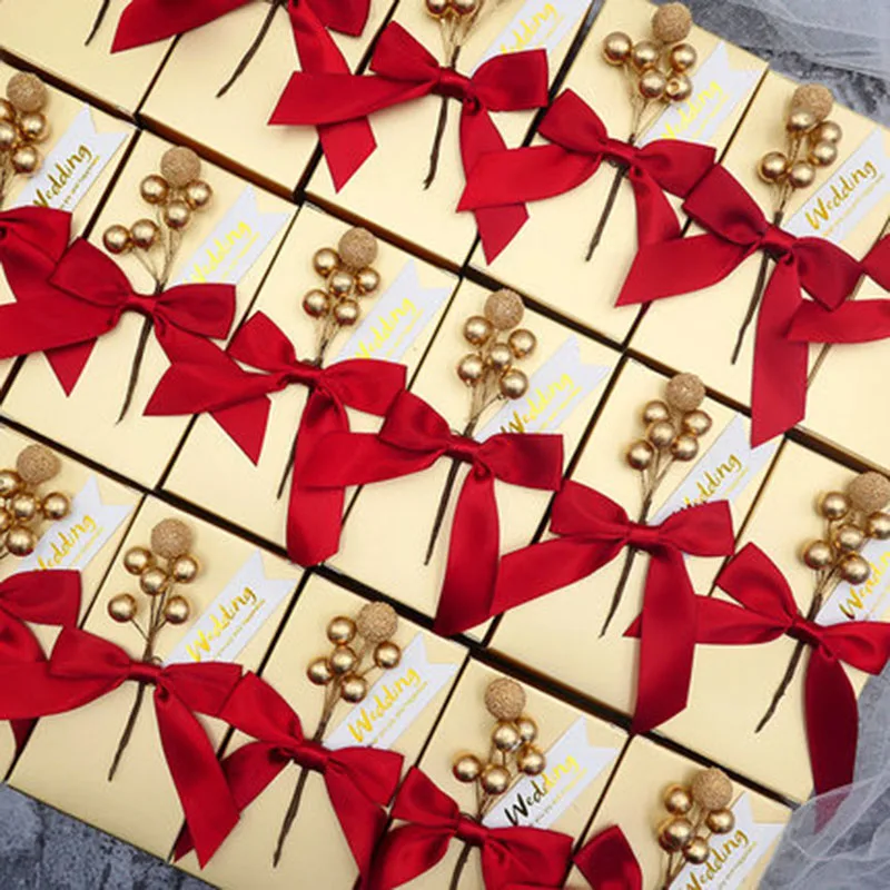 10 шт. золотая коробка для конфет, цветок груши, свадебные сувениры для гостей, милая упаковка, Подарочная коробка с лентами, вечерние украшения для детского душа