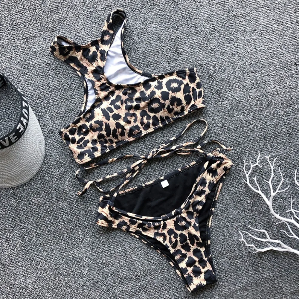 Women's Bikini SolidLeopard Set Swimsuit Two Piece Filled  Bra Swimwear Beachwear Female High Waist Bathing Suit  L10# (12)