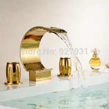 Современная Бортике Водопад Носик Двойные Ручки Кран Раковины Ванной позолота 3 шт. Ванна Бассейна Смесителя