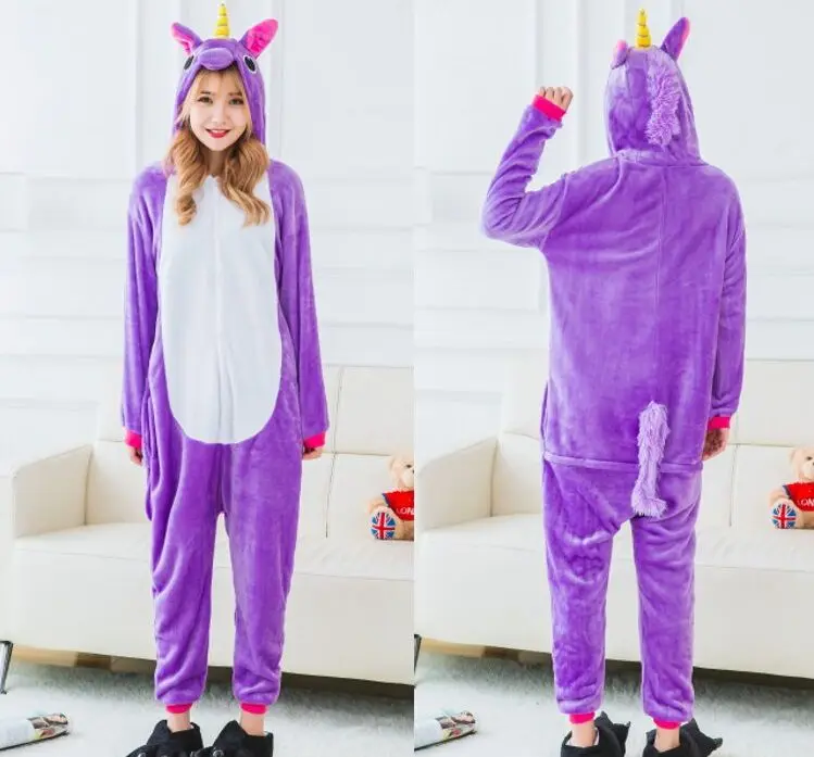 Единорог Косплей Ститч панда унисекс фланелевые пижамы взрослые аниме животные комбинезоны зимние теплые пижамы Толстовка для женщин и мужчин - Цвет: Purple Pegasus