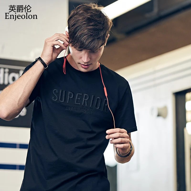 

Enjeolon new T Shirt Men Summer Fashion o neck t shirt Men cotton T-shirt fashion letter embroider T-shirt Tops Tees 3XL T5112