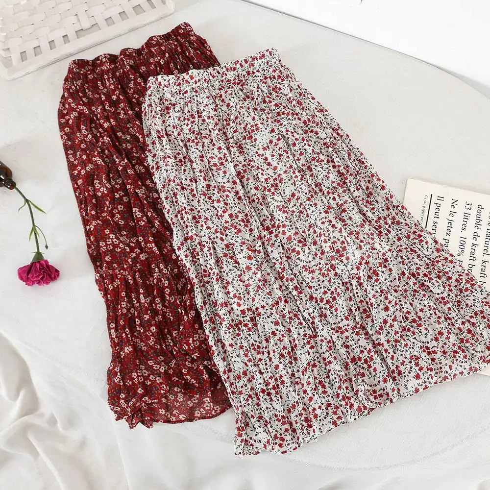 

2019 new fashion women's skirt Spring Korean high waist chiffon skirt female long section floral 3243