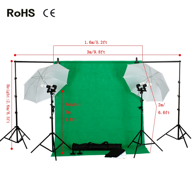 

Photo Studio Backdrop Umbrella Lighting Kit Set +Background Support Stand+3*backdrops+4*45w Daylight Light Bulb+2*umbrella