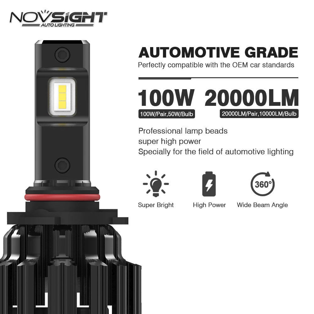 NOVSIGHT 100 Вт 20000LM 9005 светодиодный фары Противотуманные фары 6000 К светодиодный фары