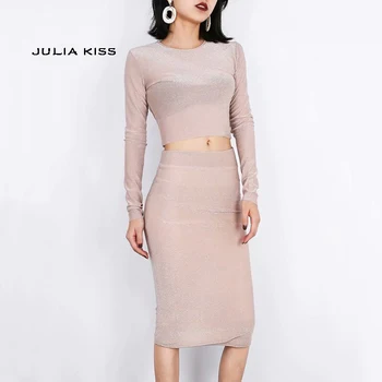 

Women Glitter Long Sleeve Crop Top & Skirt Set