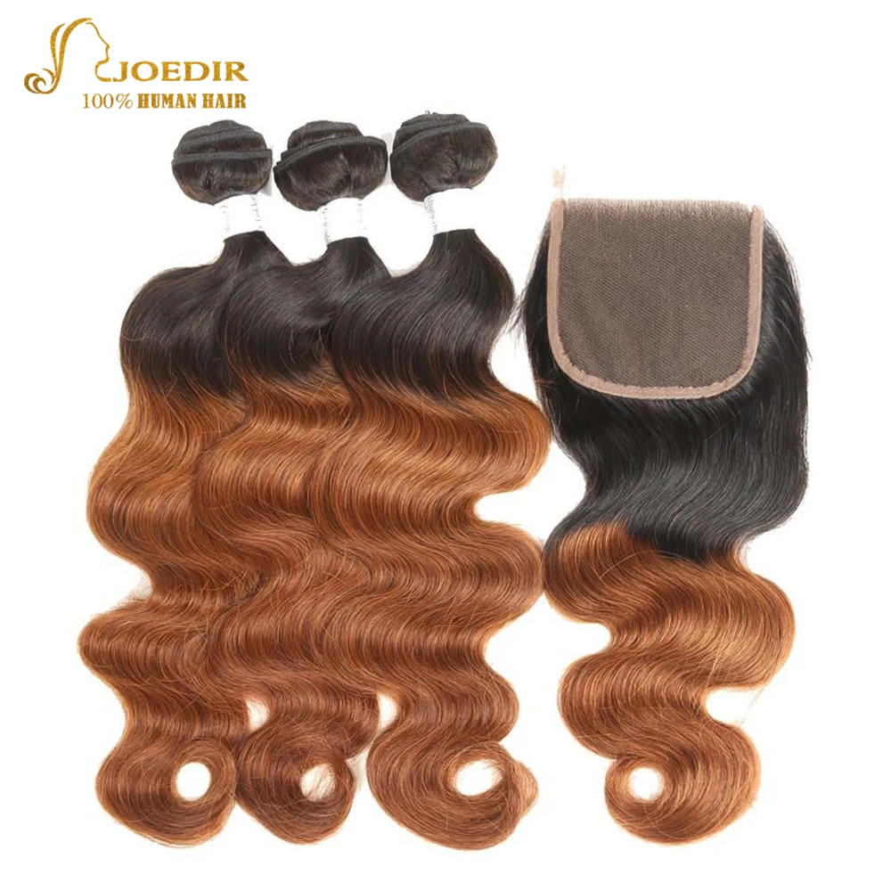 

Joedir Ombre Peruvian Human Hair Weave 3 Bundles With Closure Body Wave 1B/30 4x4 Free Part Lace Closure Remy Hair Free Ship