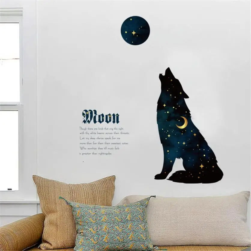 DIY мультфильм Starry Night Wolf Съемный Наклейка на стену Семья дома Стикеры A3