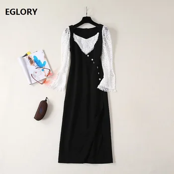 

Top Quality New Celebrity Inspired Women's Dress Sexy Square Collar White Lace Patchwork Crystal Beadng Button Mid-Calf Dress