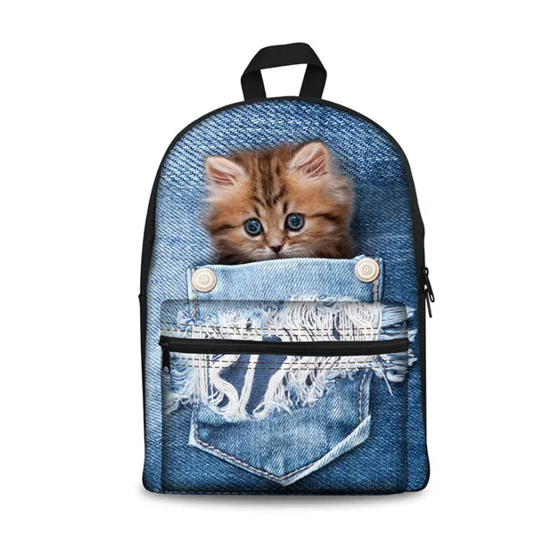 FORUDESIGNS/милый 3D Кот, женский холщовый рюкзак для девочек-подростков, школьные рюкзаки с изображением животных, студенческий Повседневный синий джинсовый рюкзак - Цвет: CC2294J