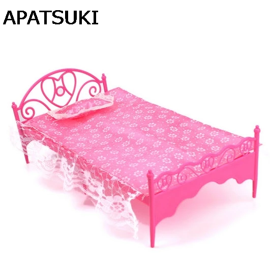 Children font b Toys b font Dollhouse Plastic Bed With Lace Bed Sheet and Pillow Furniture