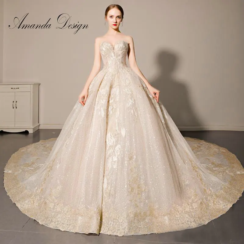 

Amanda Design vestido de novia playa Strapless Lace Appliques Rhinestone Wedding Dress