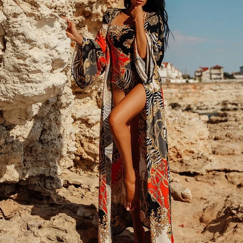 Peachtan винтажное длинное пляжное платье с принтом для женщин sarong Лето пляжная одежда купальник накидка туника для женщин Кафтан накидка