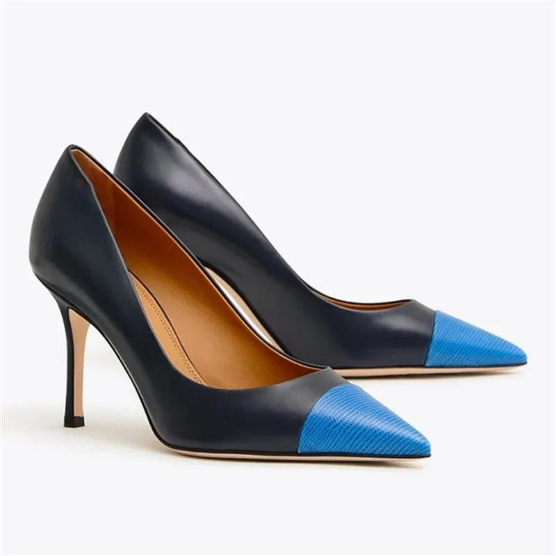 Черные и синие туфли-лодочки с острым носком в стиле пэчворк; пикантные туфли-лодочки на высоком каблуке-шпильке без застежки; женская обувь; дизайнерская Офисная Женская обувь