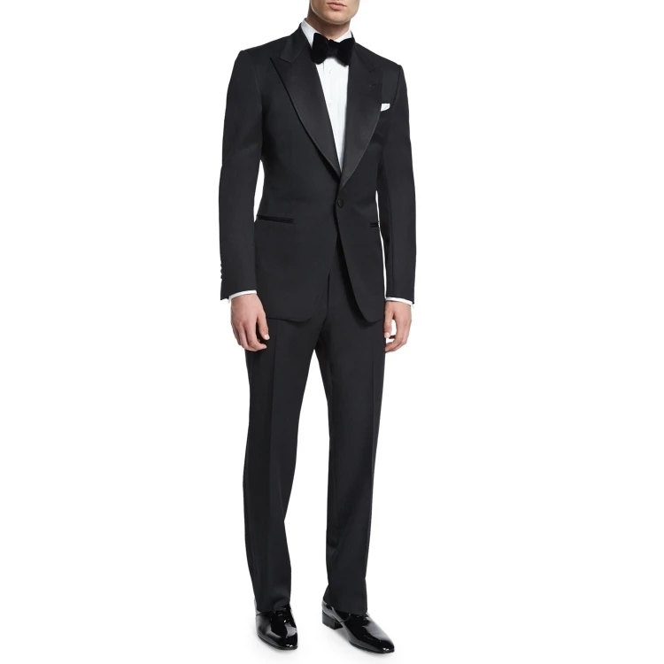 

New arriving custom made black wool one button satin wide peak lapel wedding best suits groom suits for men