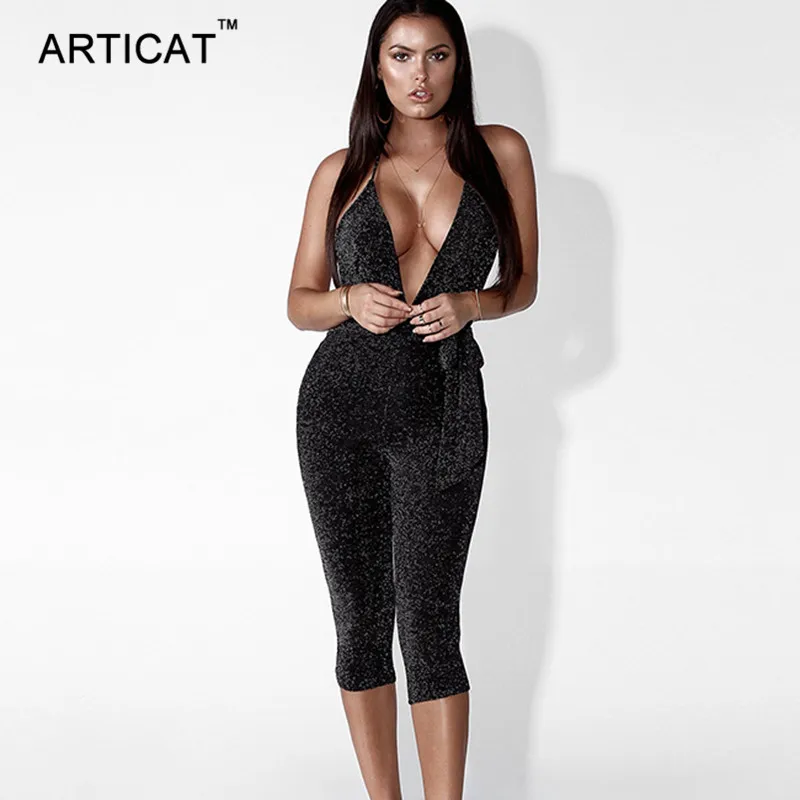 Articat العميق الخامس الرقبة عارية الذراعين ضمادة بذلة النساء السروال القصير مثير قبالة الكتف Bodycon داخلية العجل طول السراويل حزب وزرة Articat العميق الخامس الرقبة عارية الذراعين ضمادة بذلة النساء السروال القصير مثير قبالة الكتف Bodycon داخلية العجل طول السراويل حزب وزرة