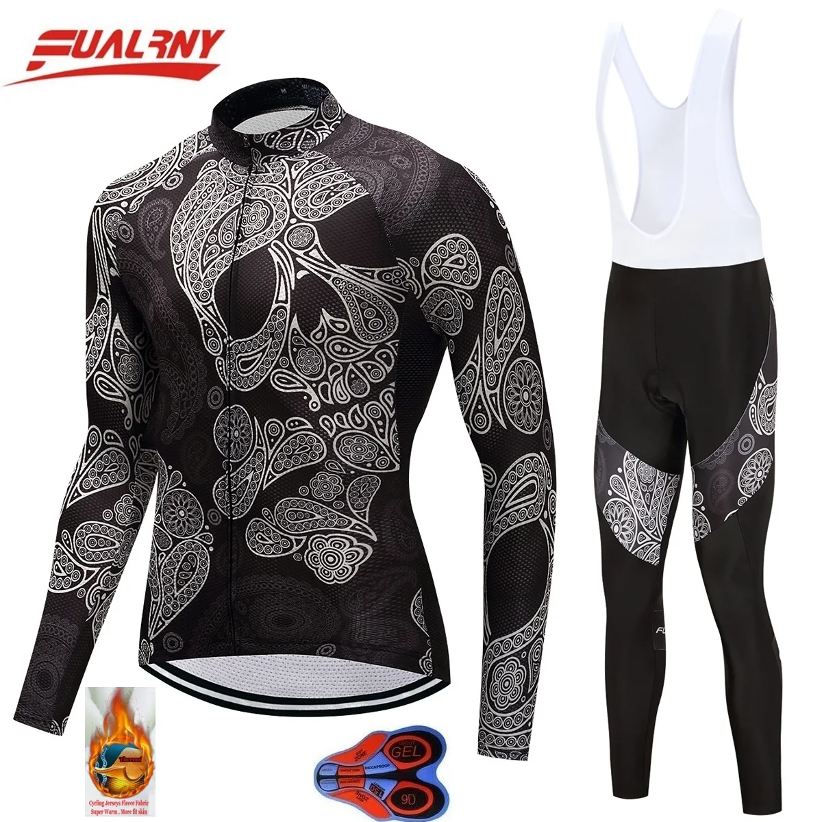 

Long sleeve men with pants cycling sets bike wear cycling 9D gel Skull flower 2018 FUALRNY winter Thermal Fleece cycling jersey
