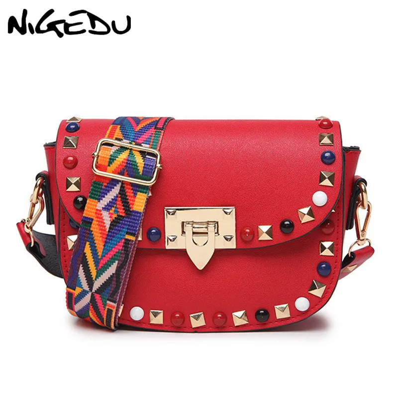 

NIGEDU Color Rivet Women Messenger Bags small Female Shoulder Bags brand luxury design Wide shoulder straps Crossbody Bag red