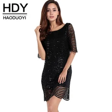 HDY Haoduoyi Golden Wave Sequin Lace Dress Women Backless Bla Sheer Shift Dresses Cut Out Sequin Mesh Straight Dress Vestidos