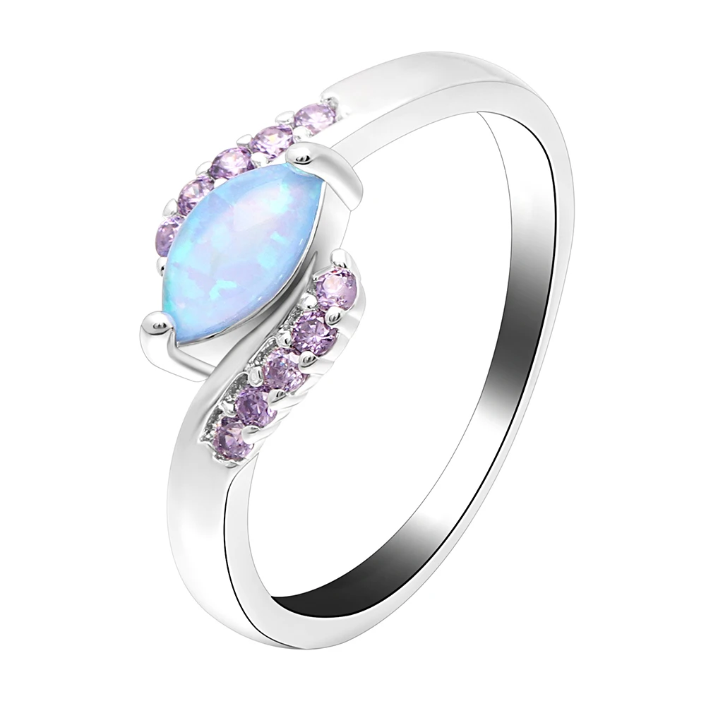 Cute Purple Zircon Silver Color Ring White Or Sky Blue Opal Rings