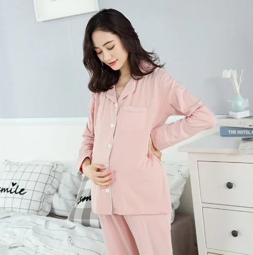 3 шт. пальто+ брюки+ футболка женская пижама для беременных комплект одежды мягкая Пижама домашняя одежда для сна Одежда для беременных женщин спортивный костюм - Цвет: Розовый