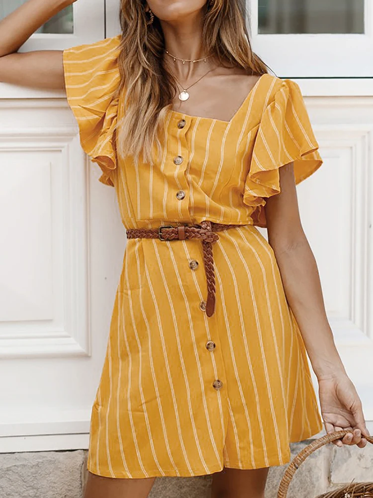 

Summer Vintage Button Shirt Dress for Women 2019 Solid Square Collar Ruffles Dresses Short Sleeve Striped Mini Vestidos Femme