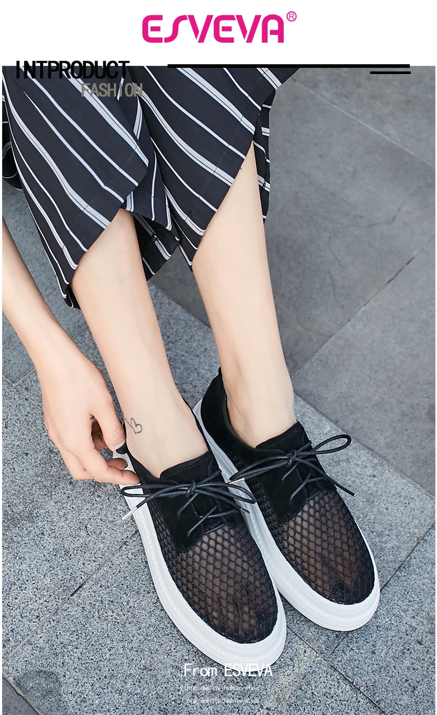 ESVEVA/ г. женские обувь детская замша+ сетчатая танкетка, средний каблук, шнуровка, круглый носок, черная женская повседневная обувь, размер 34-39