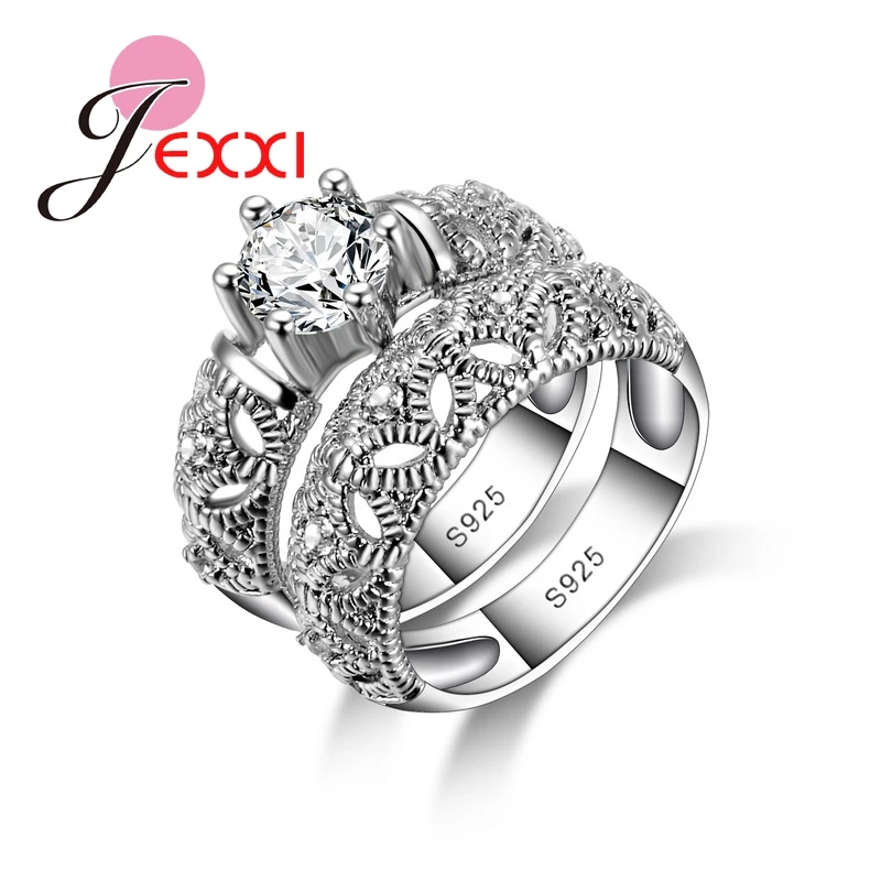 Charming Shiny 925 Sterling Silver Wedding 2 Rings Set For Couple Exquisite CZ Crystal Engagement Anniversary Jewelry | Украшения и