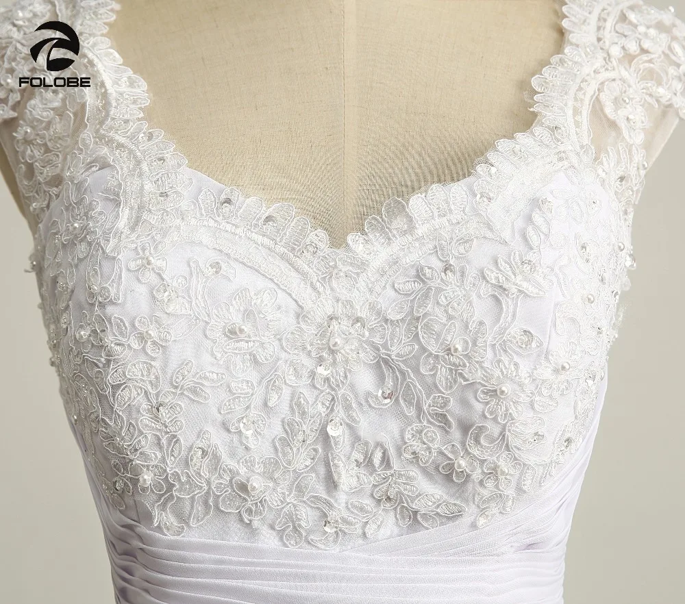 V-neck Beads Lace Backless Pleats Chiffon A-line Beach Long Wedding Dress