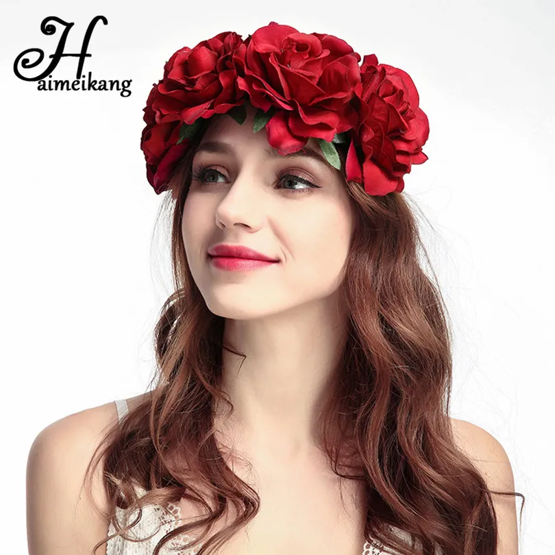 

heimaiekng Red Rose Flower Headband Head Band Floral Head Wreath Headpiece Girls Hair Accessories Bridal Wedding Headwear