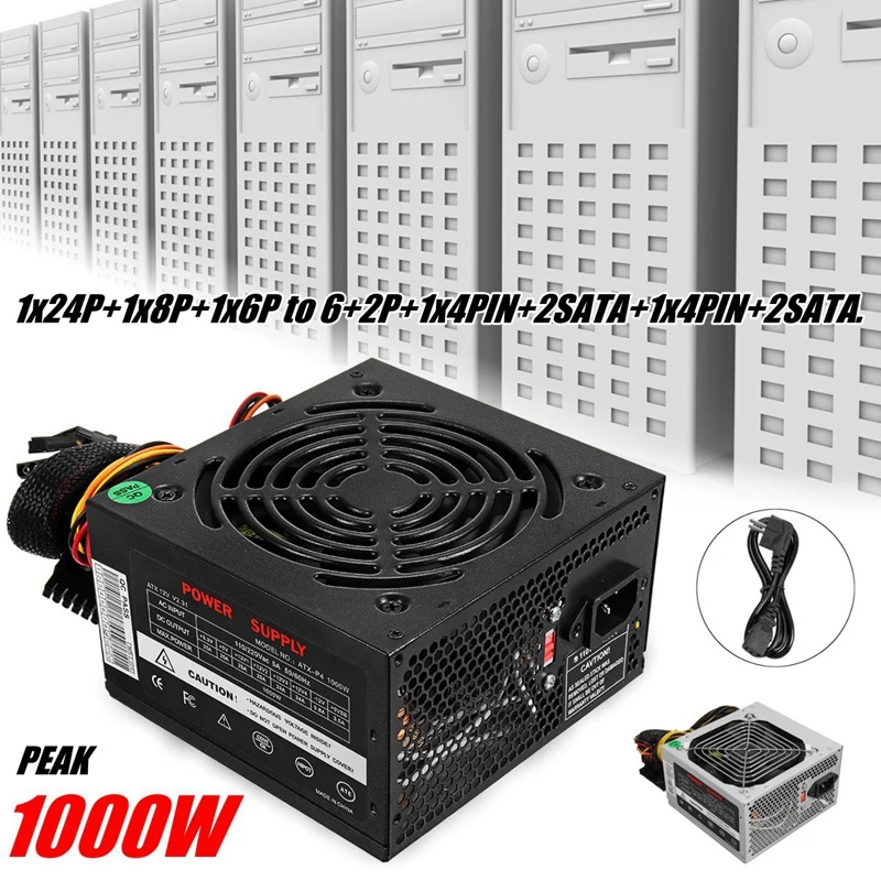 Черный Блок питания 1000 Вт с европейской вилкой тихий вентилятор Psu Pfc Atx 24pin 12 В