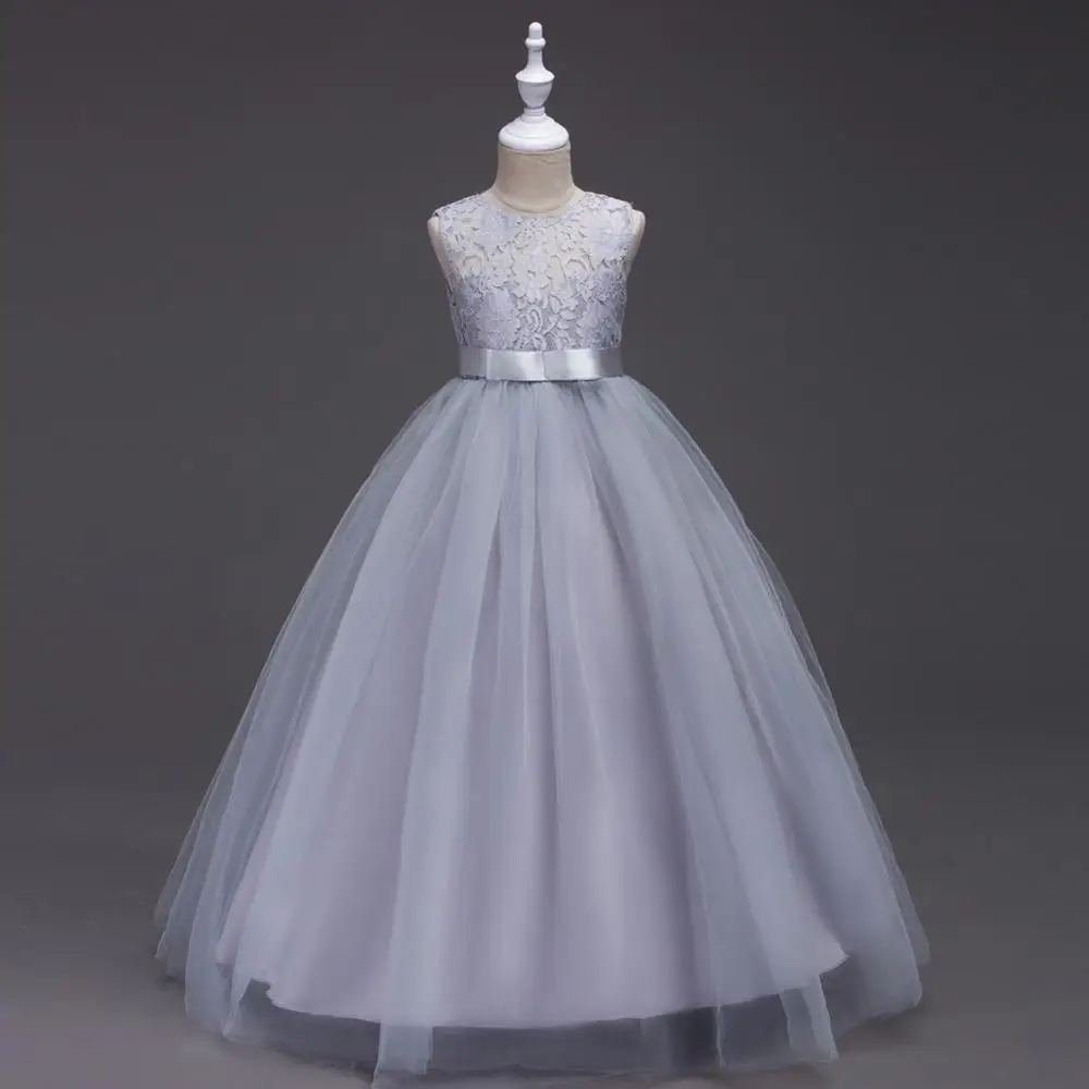 Серебристый Темно-синие длинный поворотный Платье в цветочек для девочек Лидер продаж В стиле принцессы платье, подходит для свадьбы, первого причастия; Разноцветные из фатина, дешевые платья ZF004 - Цвет: Серебристый