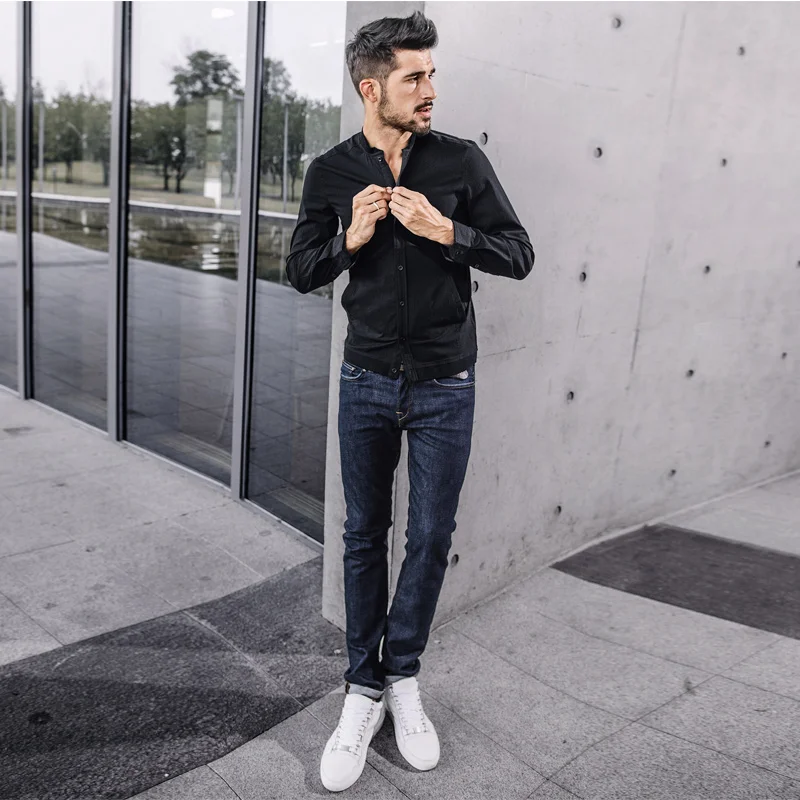 KUEGOU New Spring Mens Casual Shirts Solid Black Color With Pocket For Man's Long Sleeve Slim Fit Wear Male Brand Blouse 0791