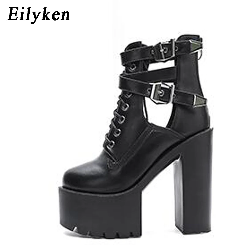 Eilyken/ г.; Модные осенние женские ботинки на платформе 16 см; кожаные короткие сандалии на шнуровке с пряжкой и ремешком; Черная женская обувь