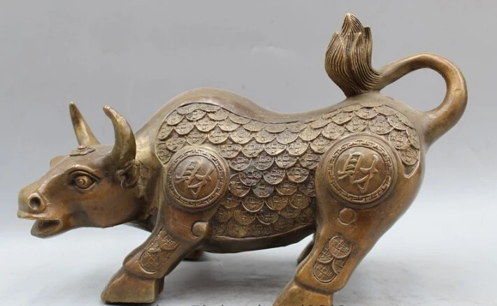

007354 12" Chinese Folk Fengshui Bronze Fu Wealth Money Year Bull Oxen Statue Sculpture