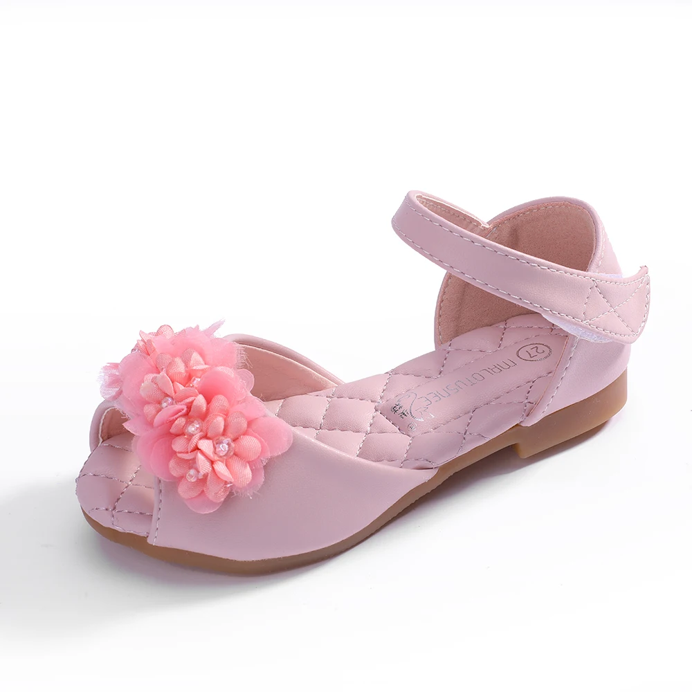 Girl's Peep Toe Microfiber Leather Flat Heel Sandals Flower Girl Shoes With Beading Flower Hollow-out Princess sandals