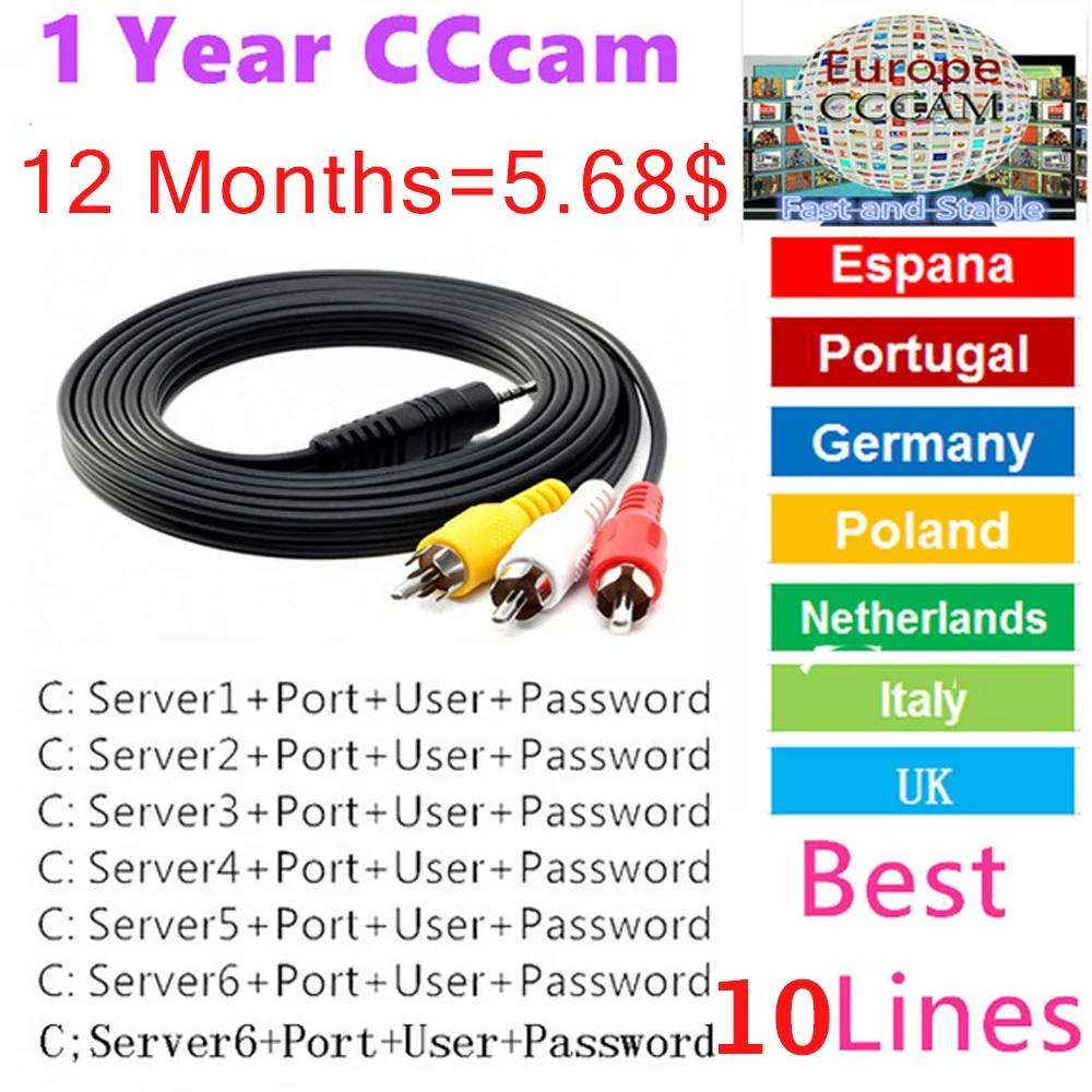 Европа HD кабель 1 год Cccams для спутникового ТВ ресивера 7 Cline 10 Clines wifi FULL HD DVB-S2 поддержка Испания cline oscam сервер