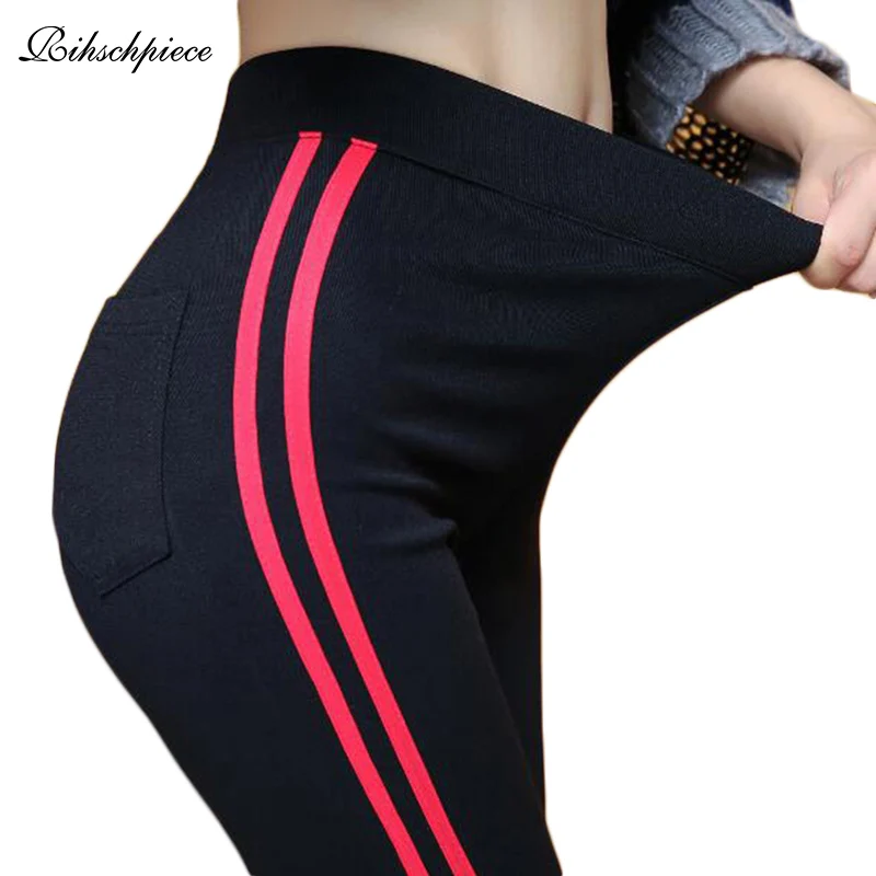 

Rihschpiece 2018 Plus Size S-6XL Leggings Women Gothic Side Striped Legging Stretch High Waist Black Leggins Pants RZF1448