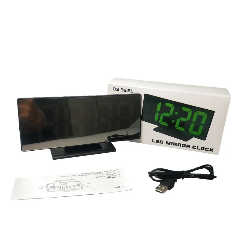 

Digital Alarm Clock LED Mirror Clock Multi-function Snooze Time Display Night Table Light LCD Desktop USB Cable